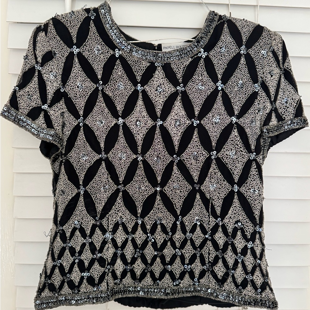 Papell Boutiques Black & Silver Beaded Crop Top